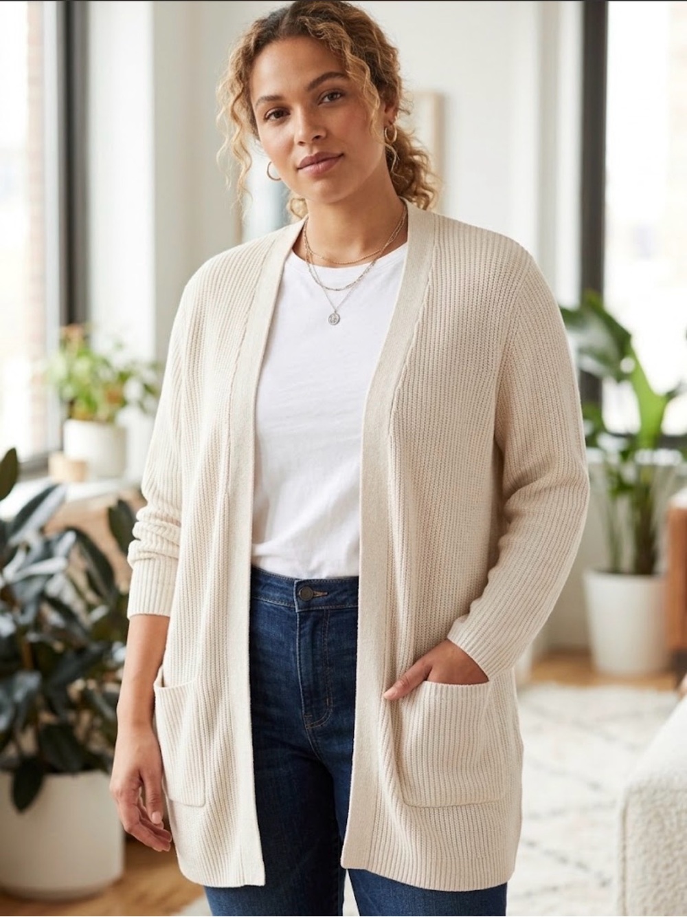 Old Navy Beige Open-Front Ribbed Pocket Cardigan